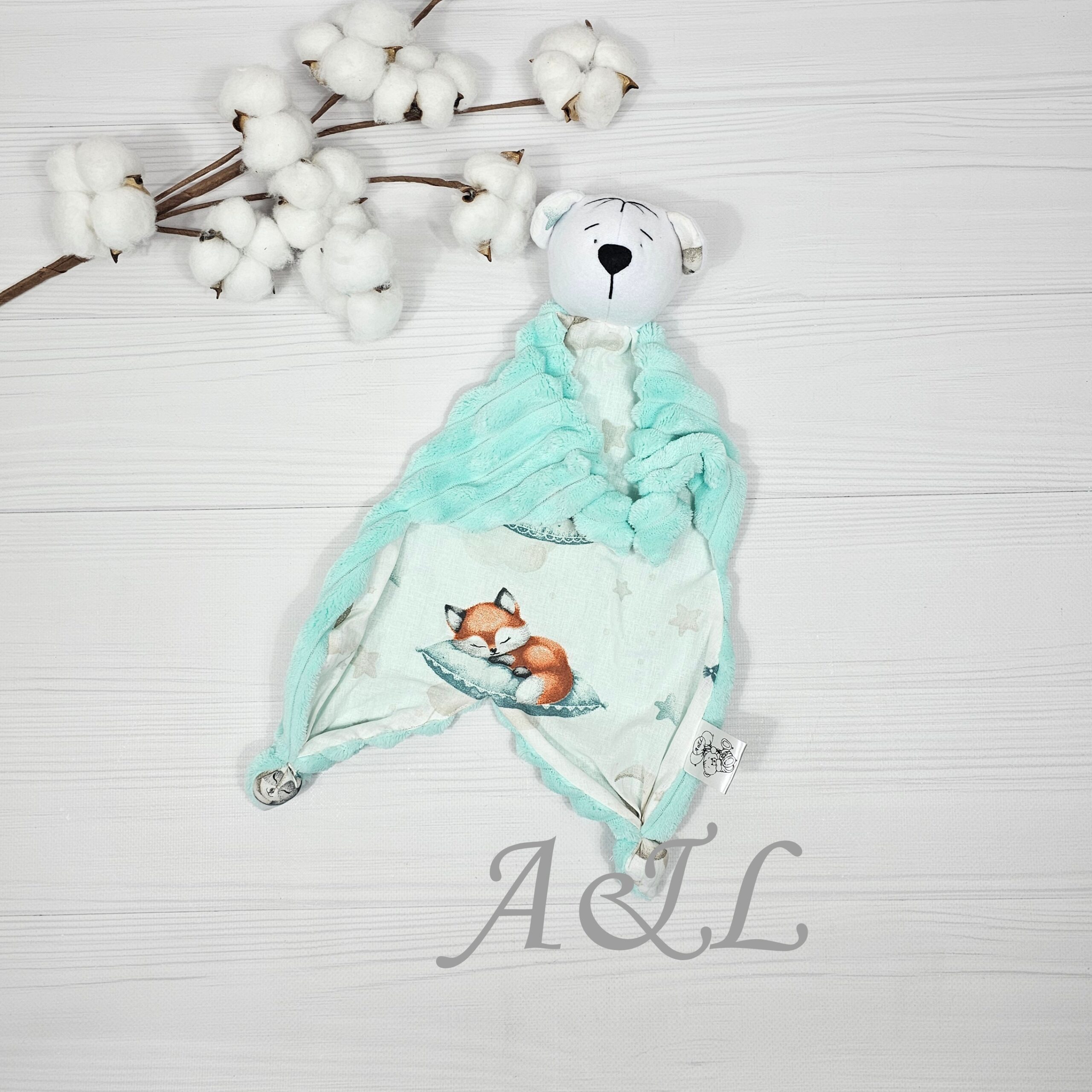 Іграшка-комфортер "Ведмедик" з принтом лам Іграшка-комфортер у вигляді ведмедика з м'якої тканини з принтом звірят на подушці